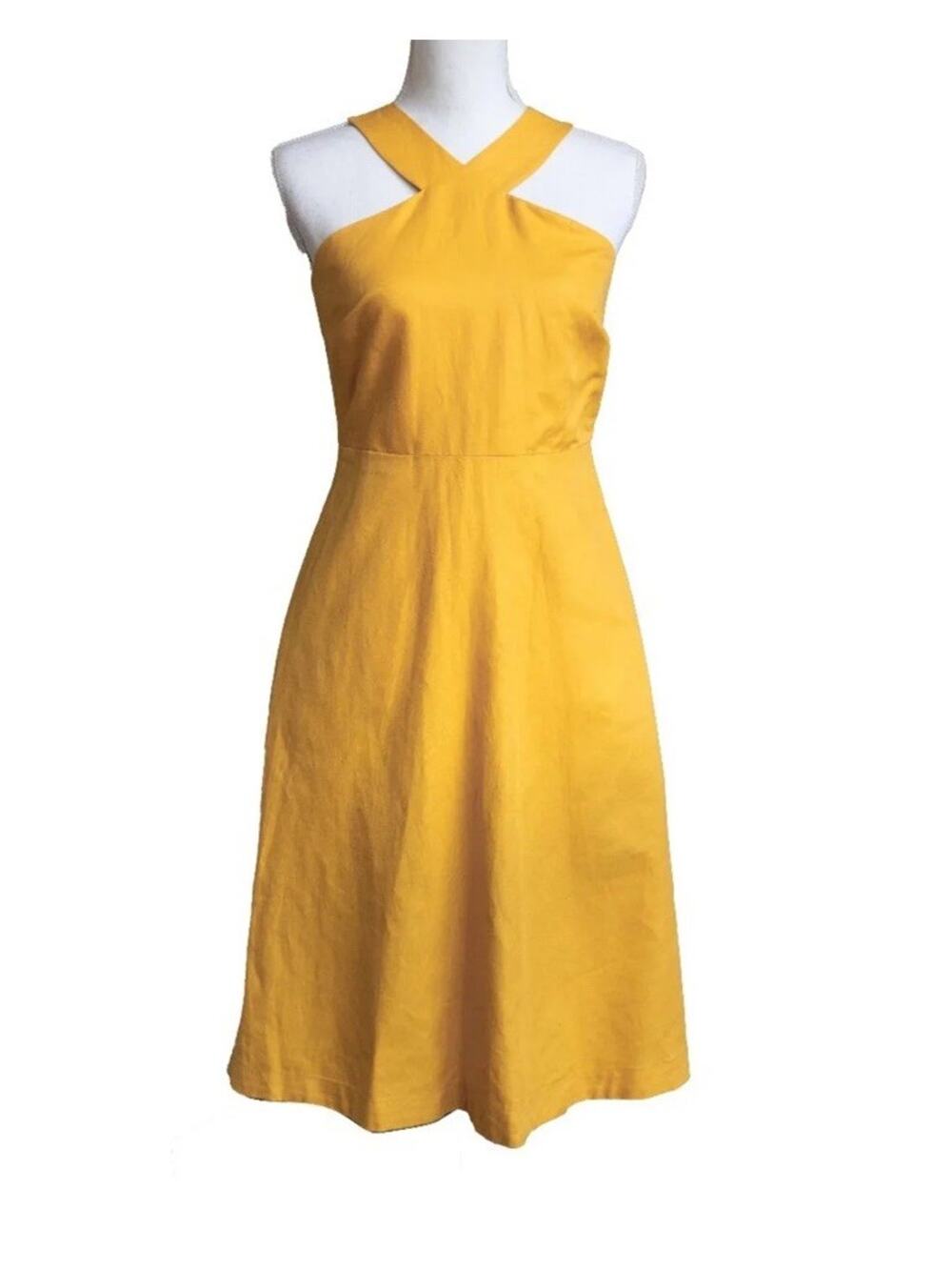 New Ann Taylor Linen Blend Fit and Flare Halter Dress Womens 16 Mustard